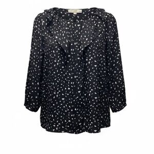 Loft ruffle detail blouse. Medium Petite. Black with cream print